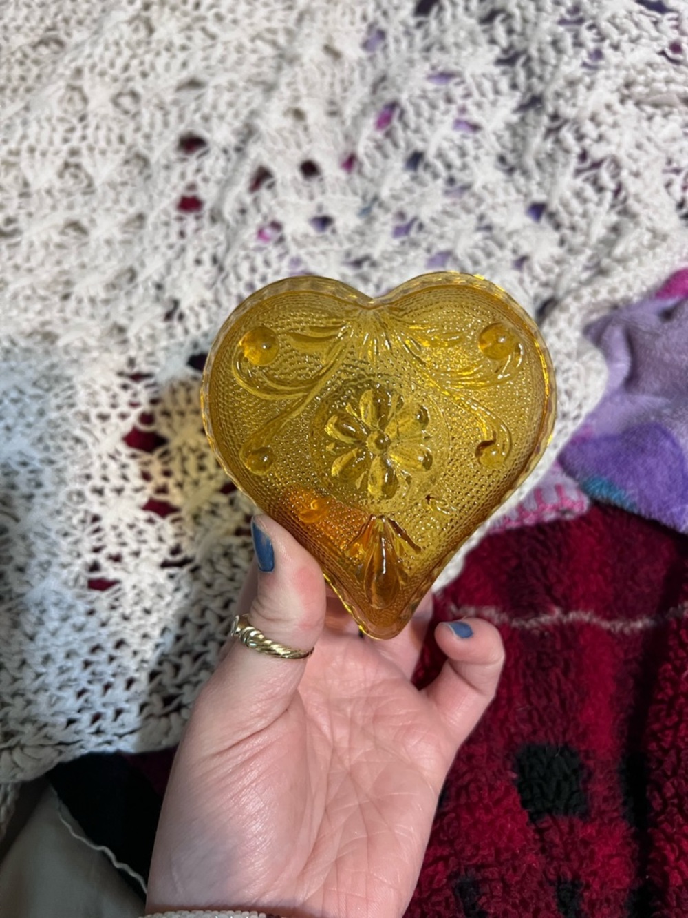 Heart-Shaped Amber Glass Trinket Dish - Picture 2 of 4